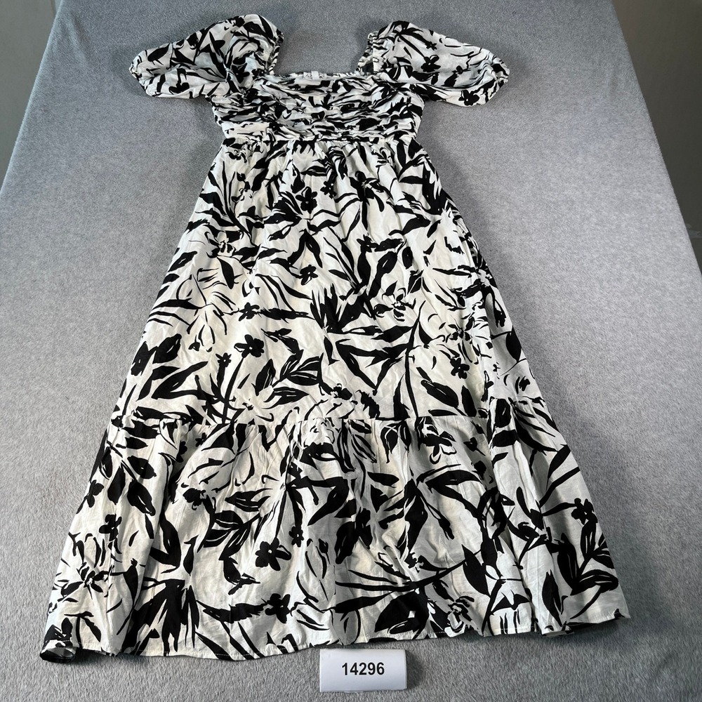By The River Midi Dress Women Large White Black Excellent Floral Puff Sleeve